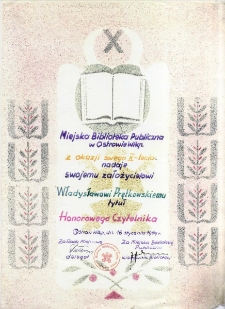 Dyplom nadania tytułu Honorowego Czytelnika dla Władysława Prętkowskiego